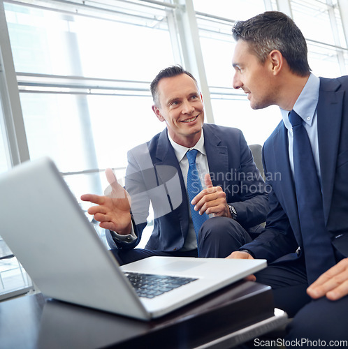 Image of Laptop, corporate businessman and client negotiation strategy, financial advisor and collaboration on investment ideas. Professional business people, communication and management on company software
