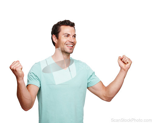 Image of Happy, cheerful and man in celebration for winning, discount or goal against a white studio background. Isolated male model winner with smile celebrating win, sale or achievement on mockup
