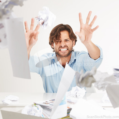 Image of Angry, stress and businessman throw crumpled paper for brainstorming, thinking of ideas and strategy. Corporate worker, burnout and frustrated employee with mess of documents, paperwork and notes