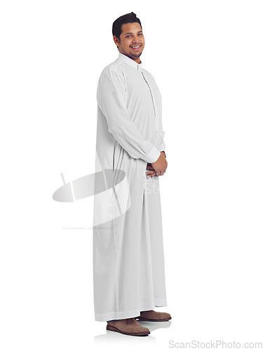 Image of Islamic, muslim and happy man portrait with a islam thobe with a smile about religion and faith. White background, isolated and arabic person smiling with happiness and culture in a studio alone