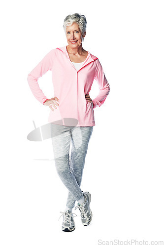 Image of Exercise, fitness and old woman portrait for health and wellness in studio with a healthy lifestyle. Body of happy senior female isolated on a white background for fashion, energy and to lose weight