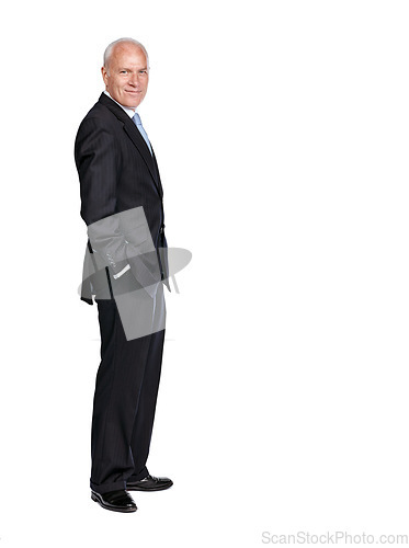 Image of Portrait of a senior business man smiling and happy while standing isolated against a studio white background. Caucasian, mature and executive corporate CEO or professional employee