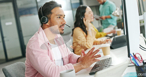 Image of CRM, customer service or consultant business man with life insurance telemarketing, help or communication. Tech sales advisor, call center or employee for contact us, consulting or customer support