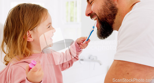 Image of Happy family, dental and brushing teeth with girl and father in bathroom for hygiene, learning and grooming. Love, teeth and oral care by parent with daughter play, laugh and cleaning in their home