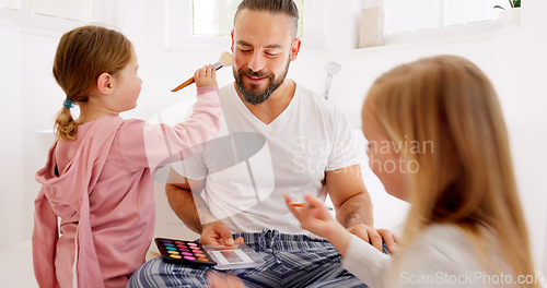 Image of Father makeup face, playing children for happy bonding together and morning sitting in home bathroom. Dad girl kids, comic cosmetics game with kids smile for funny foundation for facial man in house