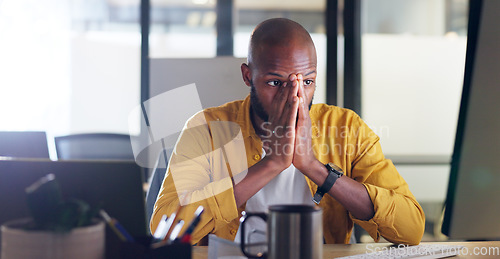 Image of Burnout, headache or black man yawn in office on computer working on planning, research or marketing idea. Stress, employee or sleepy businessman tired with anxiety or confused and depression at desk