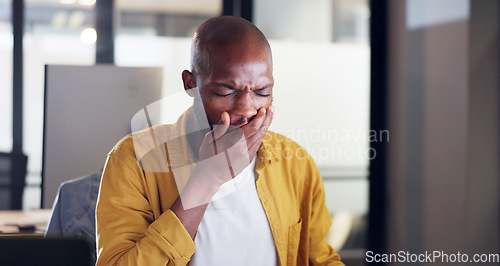 Image of Burnout, tired or black man yawn in office on computer fatigue from planning, research or marketing idea. Exhausted, employee or sleepy businessman at desk work tired, mental health or overworked