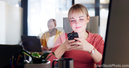 Image of Computer, phone and business woman checking digital information, biometric and authentication in office. Woman, smartphone and online schedule, calendar and app for management, order and planning