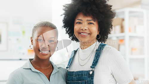 Image of Friends, teamwork and vision with a creative woman entrepreneur and her colleague standing in an office. Designer, collaboration and startup with female employees at work together in a small business