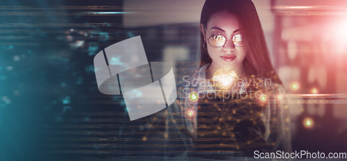 Image of Overlay, hologram and cybersecurity with a business woman in a dark office working late at night on programming. Mockup, cloud computing and programming with a female developer at work on software