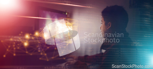 Image of Man, computer and overlay in night with space for mockup, innovation or development in office. Information technology, web design expert and 3D hologram abstract for planning, coding or cybersecurity