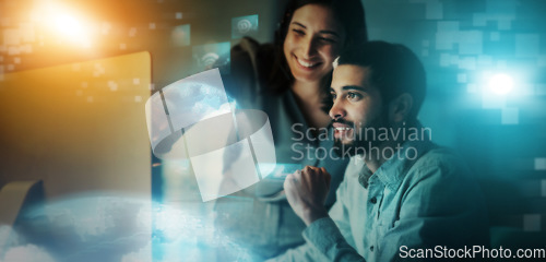 Image of Creative business people, digital marketing and social networking for future development at night in double exposure. Happy developers smiling for cybersecurity big data, innovation or online startup