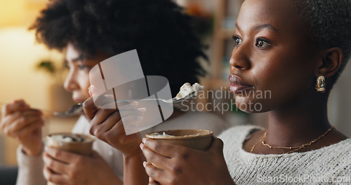 Image of Relax, ice cream and women friends eating together on the weekend to bond with frozen dairy treats. Black people in girl friendship enjoy sweet dessert break to relax while resting in home.