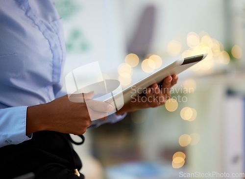 Image of Business woman, hands or tablet of financial business growth, savings data analytics or investment research management. Zoom, worker or employee on technology in finance budget review or future audit