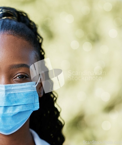 Image of Covid, nurse and portrait at hospital with mask for compliance, safety and healthcare on bokeh mockup background. Face, corona and female health expert at clinic for help, goal and innovation outside