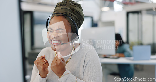 Image of Call center, celebration and woman on computer business sales, telemarketing success and target or survey results of african worker. Office, telecom and winner employee in website support excellence