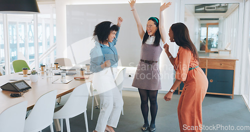 Image of Teamwork, hands huddle and business people dance celebrating goals, targets or achievements. Team building, collaboration and happy group of friends or women dancing for success or victory in office.