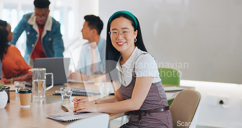 Image of Face, business and Asian woman in meeting, thinking and happy with notes for startup company. Japan, ceo and creative leader with conversation, manager and leadership for planning, smile or workplace