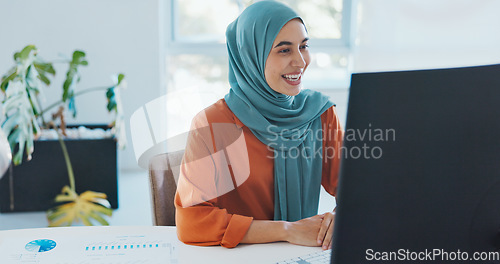 Image of Corporate muslim woman, wave and video call with computer, smile and online communication in office. Islamic crm expert, pc and waves with happiness for meeting on app, internet and focus in Beirut