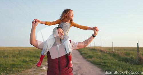 Image of Happy family, father and child walking on a farm on a relaxed, calm and peaceful holiday vacation outdoors. Smile, happiness and young girl enjoys bonding and love having fun with dad in nature field