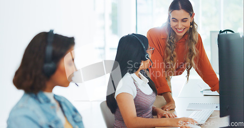 Image of Business, women and celebration with handshake, manager and sales agency in modern office. Females, agents and supervisor with employee, consultant success and target achievement, goal and consulting
