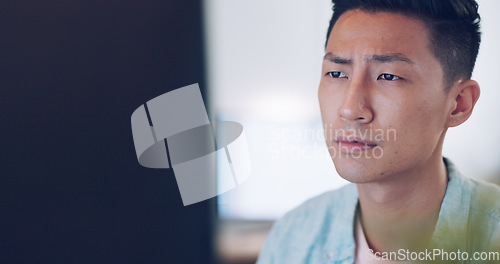 Image of Thinking, reading and Asian man with idea on computer, corporate email and online communication at work. SEO, website and businessman planning a project on the web with technology in the workplace