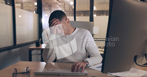 Image of Business, stress and man with computer at night, office and headache. Startup, male entrepreneur and leader overworked in the dark, mental health and burnout for online schedule, planning or employee