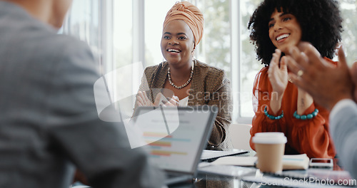 Image of Business people, meeting and applause for promotion, contract or partnership for black woman in office. Group, management team or congratulations handshake in workplace for success, goal or career