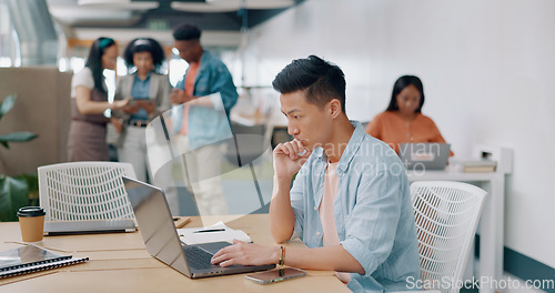 Image of Thinking businessman, laptop or phone in coworking office for digital marketing innovation, strategy planning or lead generation ideas. Happy smile, creative designer or technology with growth goals