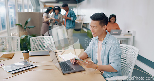 Image of Thinking businessman, laptop or phone in coworking office for digital marketing innovation, strategy planning or lead generation ideas. Happy smile, creative designer or technology with growth goals