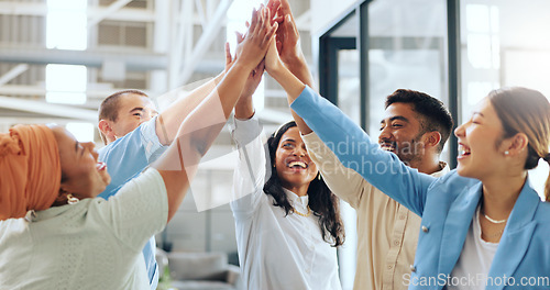 Image of Business people, diversity or high five in teamwork success, advertising goals or team building in marketing modern office. Smile, happy or collaboration hands gesture, creative designer men or women