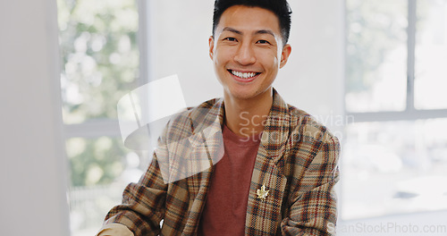 Image of Asian business man, face and computer planning for digital marketing research, data analytics or creative strategy in advertising agency. Portrait of happy Japanese employee working on office desktop