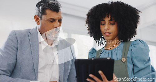 Image of Corporate black woman, businessman or tablet for planning, schedule or analytics in office for teamwork. Woman, senior man and digital tech for social media marketing, strategy or focus in New York