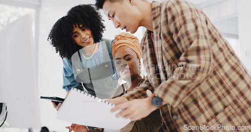 Image of Business people, black woman and leadership with documents, folder and communication, collaboration and advice with tablet. Technology, paperwork and team with diversity in corporate office and pc.