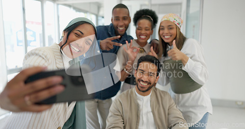 Image of Selfie, office and group of people portrait for social media post, online networking update and happy diversity. Workplace culture, smile and thumbs up or peace sign of employees in profile picture