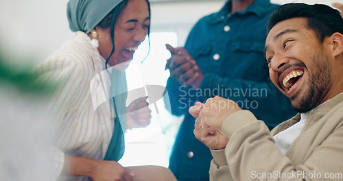 Image of Businessman, dancing or success clapping for company growth, sales deal or teamwork salary bonus. Smile, happy or worker dance with diversity people in celebration, winner or victory office applause