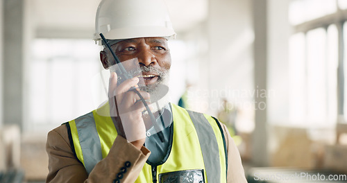 Image of Senior engineer, walkie talkie and black man at construction site talking, speaking or working. Communication, radio tech and elderly architect from Nigeria in discussion or chat on building project