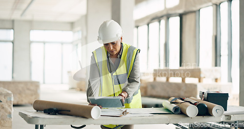 Image of Construction woman, tablet or architect blueprint with engineer planning, documents or research on web for innovation idea. Design, engineering or tech for creative strategy in construction site