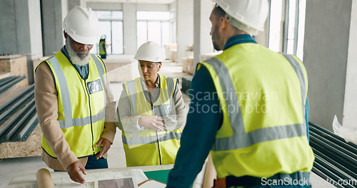 Image of Team, construction and conversation for building, engineer and collaboration with talk, discussion and business. Diversity, architect and teamwork for planning, strategy and blueprint for project.