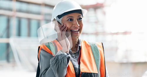 Image of Construction site, contractor and happy woman developer phone call planning for logistics, industrial engineering and city project management. Laughing mature architect manager talking on smartphone