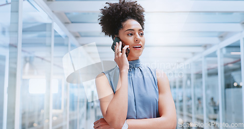 Image of Corporate woman, smartphone and call while listening in office, thinking and vision in consulting job. Black woman, phone call and listen to conversation, idea or offer on network for finance company