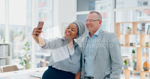 Image of Corporate selfie, partnership and business people with a phone for communication, social media and mobile app. Smile, diversity collaboration and work friends with a mobile photo for the web