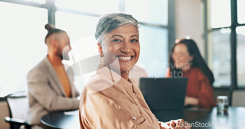 Image of Happy woman, portrait and business meeting with team, management and staff in office for workshop, partnership and startup success. Smile, motivation and mature manager in collaboration with workers