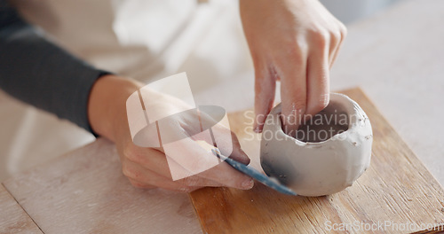 Image of Zoom of creative clay pottery hands with ceramic mold workshop for art, sculpting or manufacturing design class. Learning, startup or working with ceramics or hand craft in studio or small business