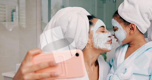 Image of Beauty, skincare and facial with mother and girl and selfie in bathroom for health, spa and wellness. Luxury, product and mask on face with mom and child in family home for happy, peace and relax