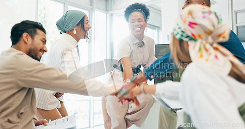 Image of Business people, hands or huddle pile in collaboration, teamwork or motivation in company growth, target or goals. Smile, happy or diversity in circle, team building or solidarity support for success