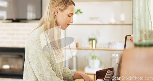 Image of Woman, piano and music, musician and pianist, practice and training for performance, classical and contemporary creativity at home. Art, concert or symphony preparation, playing musical instrument.