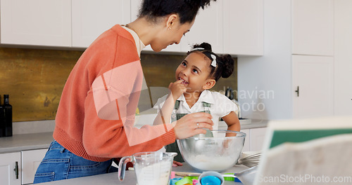 Image of Cooking, learning and mother with girl in kitchen for cake, health and food together. Relax, wellness and help with mom and child chef at table in family home for happy, relax and baking lifestyle
