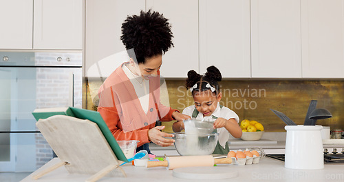 Image of Cooking, learning and mother with girl in kitchen for cake, health and food together. Relax, wellness and help with mom and child chef at table in family home for happy, relax and baking lifestyle