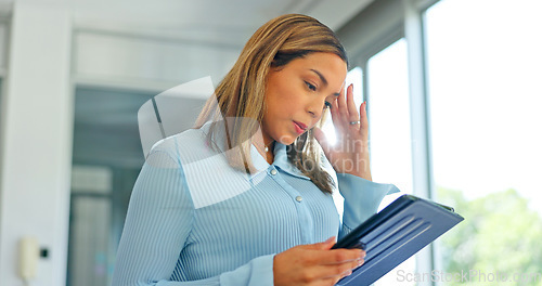 Image of Headache, stress and tablet with business woman in office for overworked, pressure and anxiety. Pain, burnout and mental health with girl employee thinking for project problem, tired and frustrated